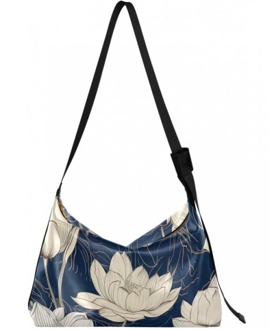 Lotus Flowers Blue Hobo Shoulder Bag for Women Men PU Leather Crossbody Bag Slouchy Tote Handbags for Working Traveling Shopp...