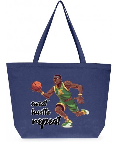 Sweat Hustle Repeat Cotton Tote Bag - Gifts for Sports Fans - Gifts for Basketball Lovers Washed Navy $20.67 Totes