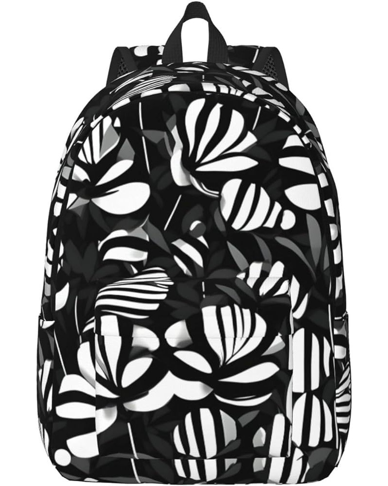 Black White Striped Flowers Print Casual Double Shoulder Daypack,Anti-Theft Travel Canvas Backpack For Men And Women Black Sm...