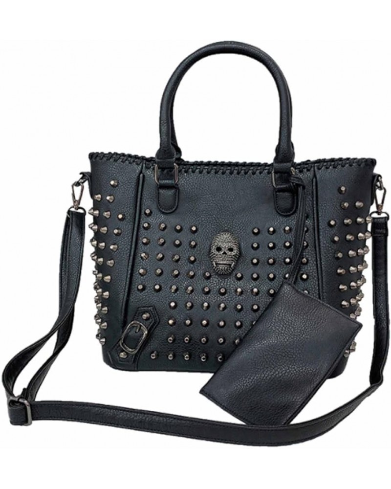 Women Punk 2PCS Purse Top-handle Handbag Clutch PU Leather Satchel Tote Skull Rivet Shoulder Bags Wallet Black Black $37.82 T...