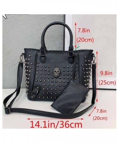 Women Punk 2PCS Purse Top-handle Handbag Clutch PU Leather Satchel Tote Skull Rivet Shoulder Bags Wallet Black Black $37.82 T...