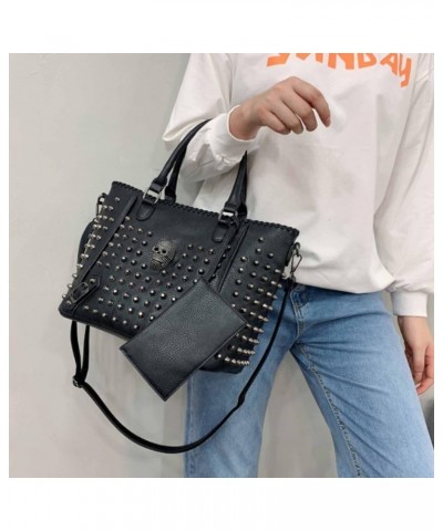 Women Punk 2PCS Purse Top-handle Handbag Clutch PU Leather Satchel Tote Skull Rivet Shoulder Bags Wallet Black Black $37.82 T...