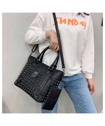 Women Punk 2PCS Purse Top-handle Handbag Clutch PU Leather Satchel Tote Skull Rivet Shoulder Bags Wallet Black Black $37.82 T...