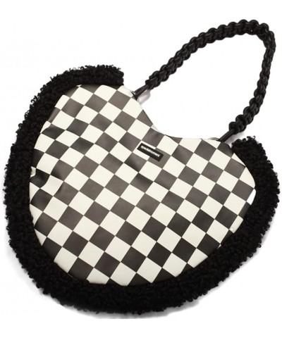 Women Heart Shape Tote Bag Plush Checkerboard Shoulder Underarm Bag Large Capacity with Braided Straps Black and White Grid $...