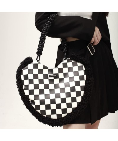 Women Heart Shape Tote Bag Plush Checkerboard Shoulder Underarm Bag Large Capacity with Braided Straps Black and White Grid $...