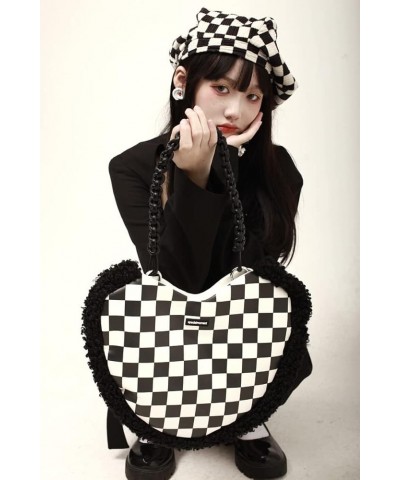 Women Heart Shape Tote Bag Plush Checkerboard Shoulder Underarm Bag Large Capacity with Braided Straps Black and White Grid $...