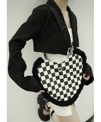 Women Heart Shape Tote Bag Plush Checkerboard Shoulder Underarm Bag Large Capacity with Braided Straps Black and White Grid $...