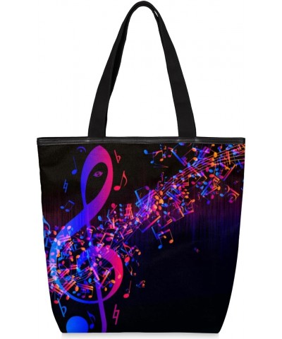 Music Note Purple Canvas Tote Bag for Women Shoulder Bag Canvas Handbags Purse with Zipper Pockets College Book Tote Bag Work...