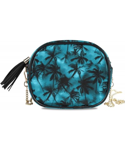 Small Crossbody Bag Black Palm Tree on Blue Womens Shoulder Chain Bag PU Leather Small Purse With Tassel $10.80 Shoulder Bags