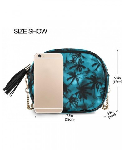 Small Crossbody Bag Black Palm Tree on Blue Womens Shoulder Chain Bag PU Leather Small Purse With Tassel $10.80 Shoulder Bags