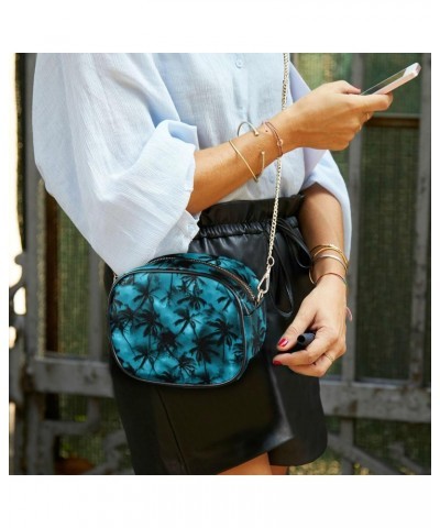 Small Crossbody Bag Black Palm Tree on Blue Womens Shoulder Chain Bag PU Leather Small Purse With Tassel $10.80 Shoulder Bags