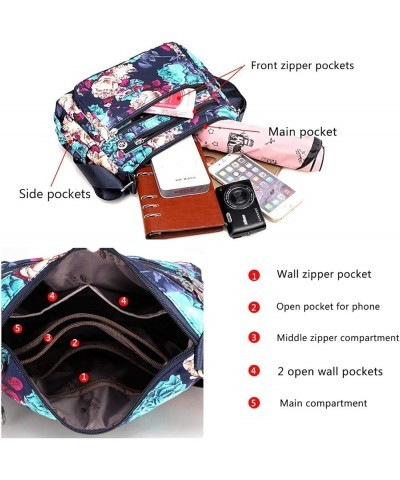 Nylon Floral Multi-Pocket Crossbody Purse Bags for Women Travel Shoulder Bag T12-blue $13.14 Shoulder Bags