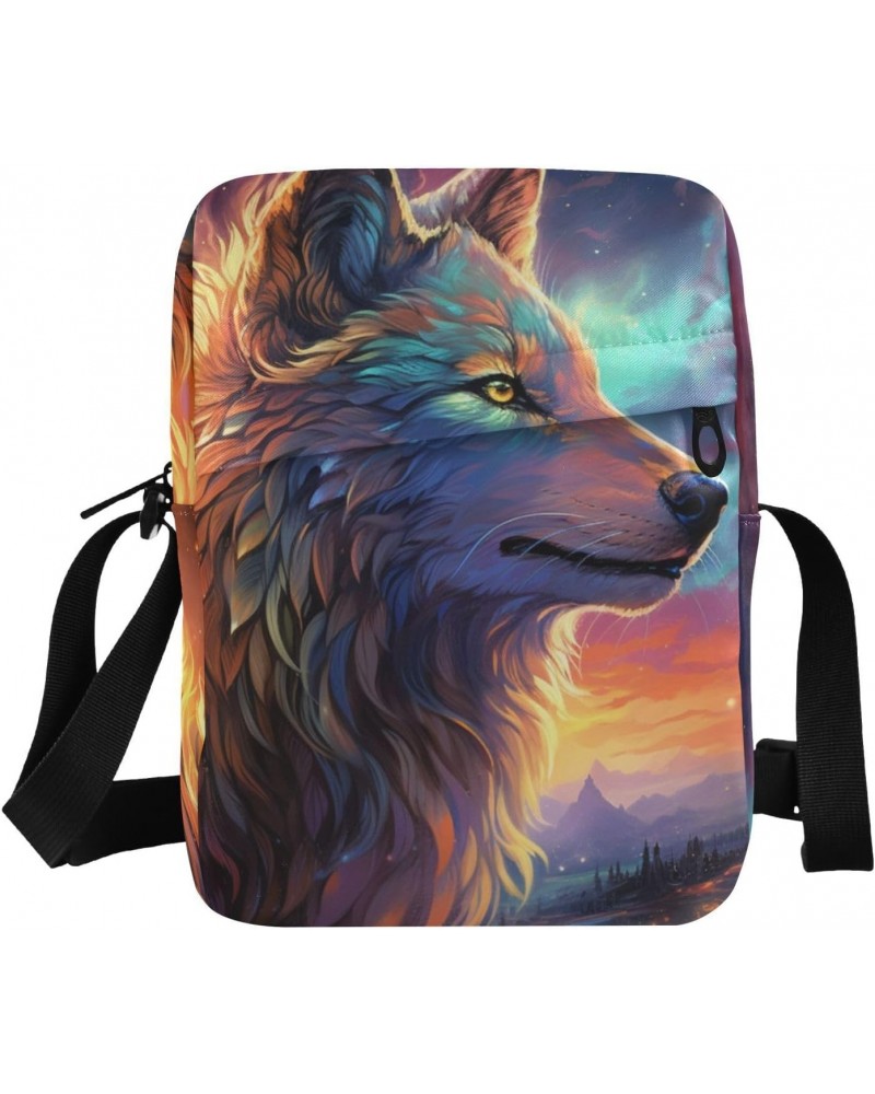 Colored Wolf Sky Small Crossbody Sling Bag for Women Men, Zipper Closure Messenger Bags Purse with Card Phone Passport Compar...