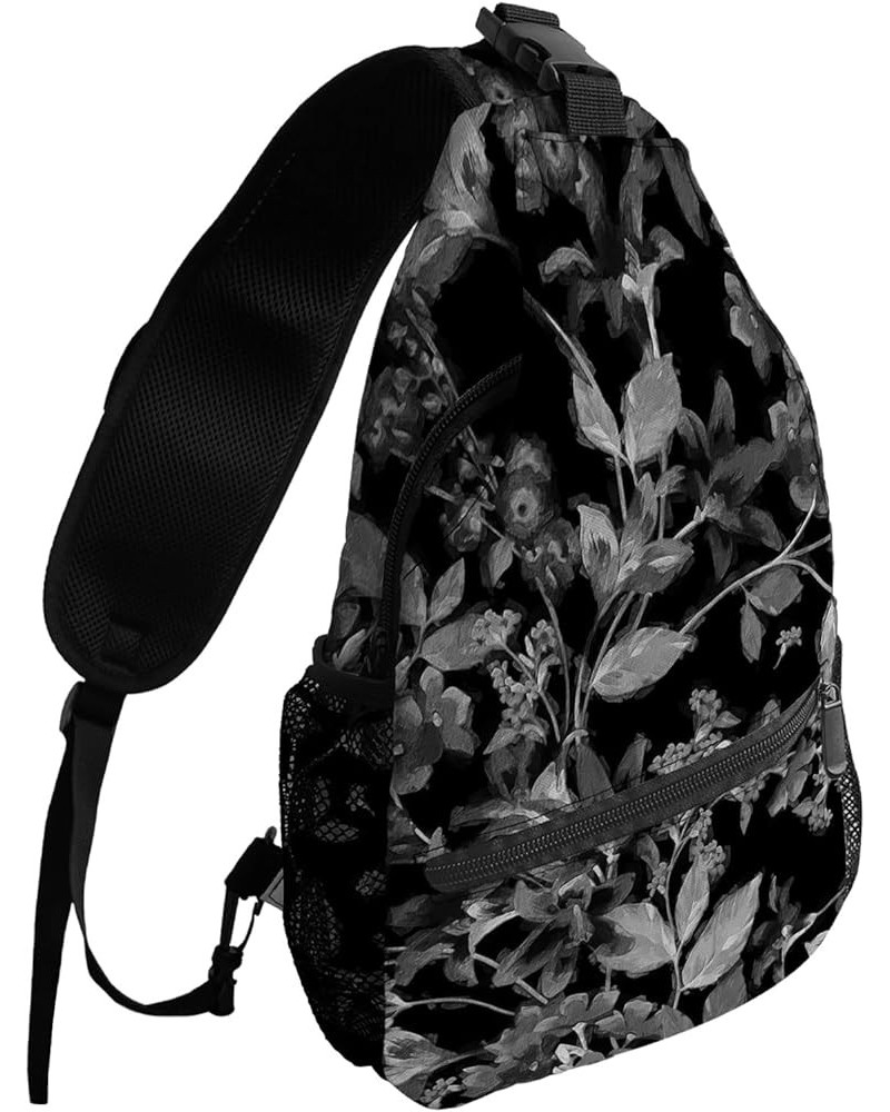 Sling Backpack, Abstract Black and White Flowers with Leaves Waterproof Lightweight Small Sling Bag, Travel Chest Bag Crossbo...