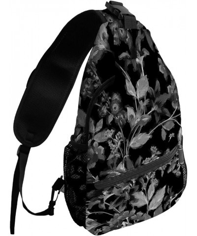 Sling Backpack, Abstract Black and White Flowers with Leaves Waterproof Lightweight Small Sling Bag, Travel Chest Bag Crossbo...