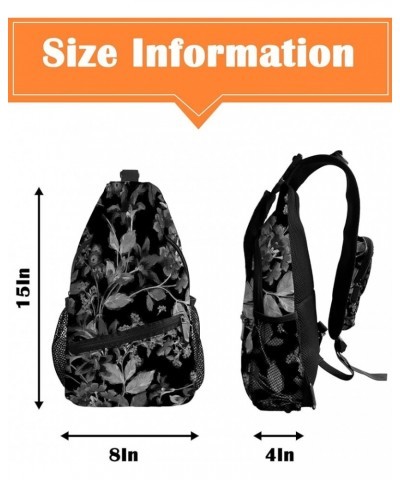 Sling Backpack, Abstract Black and White Flowers with Leaves Waterproof Lightweight Small Sling Bag, Travel Chest Bag Crossbo...