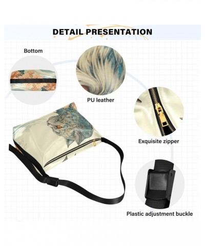 Women's Crossbody Purse Shoulder Bag Japanese Wave Cat Flower Print, Large Capacity Leather Handbags Zipper Closure with Fabr...