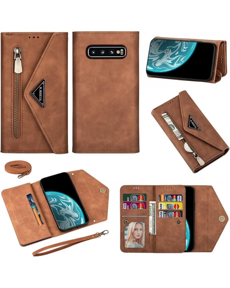 Crossbody Wallet Case for Samsung Galaxy S10 Plus Case Zipper Wallet Case 6.4" [PU Leather] [7 Card Solt] [Wrist Strap] Brown...