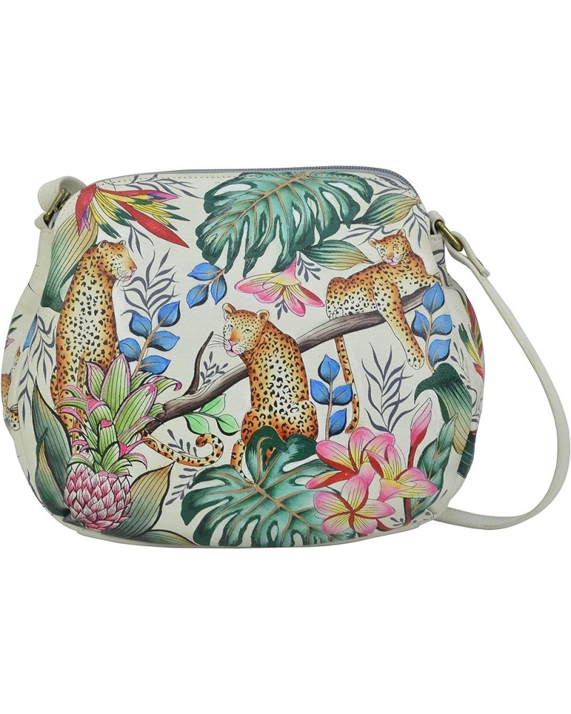 Women's Genuine Leather Convertible Medium Bag - Hand Painted Exterior Jungle Queen Ivory $84.74 Shoulder Bags