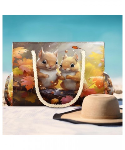 Squirrel Flowers Leaves Beach Bags for Women Large Tote Bag with Zipper and Pockets Waterproof Sandproof Accessories Swim Poo...