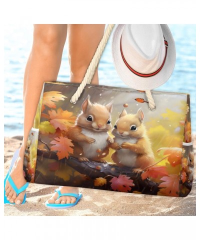 Squirrel Flowers Leaves Beach Bags for Women Large Tote Bag with Zipper and Pockets Waterproof Sandproof Accessories Swim Poo...