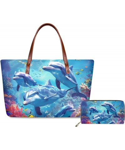 Tote Purse and Wallet Set,Large Handbags Storage Top Handle Shoulder Bag and Long Leather Wallet Dolphin $23.52 Totes