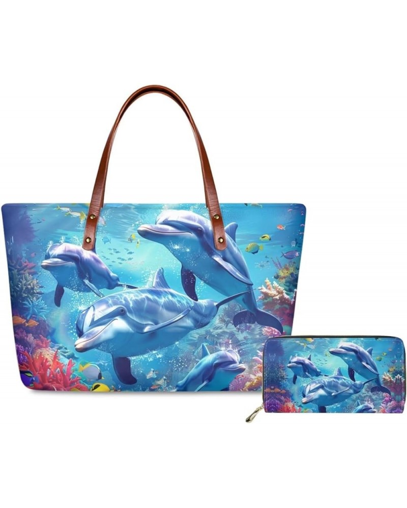 Tote Purse and Wallet Set,Large Handbags Storage Top Handle Shoulder Bag and Long Leather Wallet Dolphin $23.52 Totes