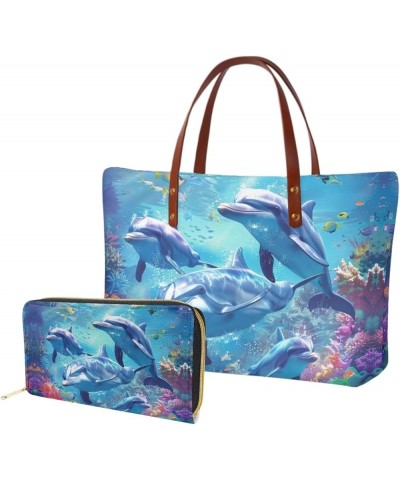 Tote Purse and Wallet Set,Large Handbags Storage Top Handle Shoulder Bag and Long Leather Wallet Dolphin $23.52 Totes