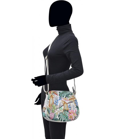 Women's Genuine Leather Convertible Medium Bag - Hand Painted Exterior Jungle Queen Ivory $84.74 Shoulder Bags