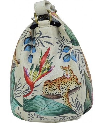 Women's Genuine Leather Convertible Medium Bag - Hand Painted Exterior Jungle Queen Ivory $84.74 Shoulder Bags