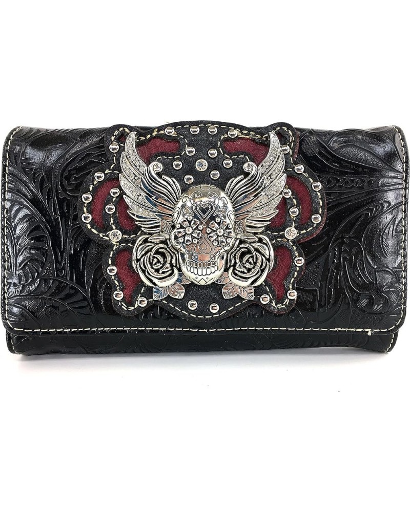 Tooled Winged Sugar Skull Roses Laser Cut Wristlet Trifold Wallet Attachable Long Strap (Black) Black $17.44 Wristlets