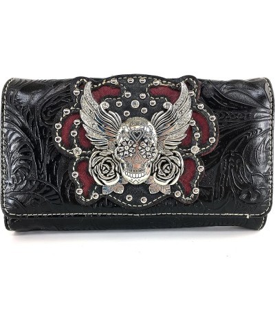 Tooled Winged Sugar Skull Roses Laser Cut Wristlet Trifold Wallet Attachable Long Strap (Black) Black $17.44 Wristlets