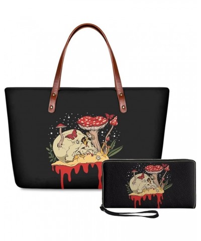 Handbags for Women Large Capacity Crossbody Totes with Wallet Clutch 2pcs Set Hippie Mushroom Skull Design $28.49 Totes