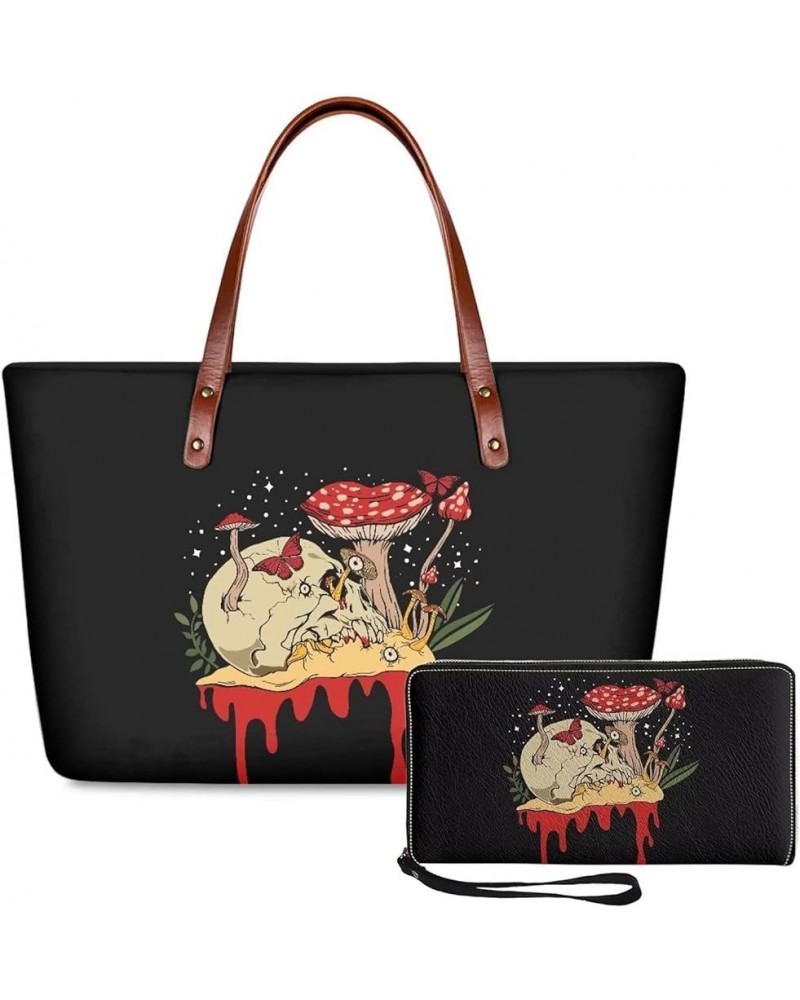 Handbags for Women Large Capacity Crossbody Totes with Wallet Clutch 2pcs Set Hippie Mushroom Skull Design $28.49 Totes