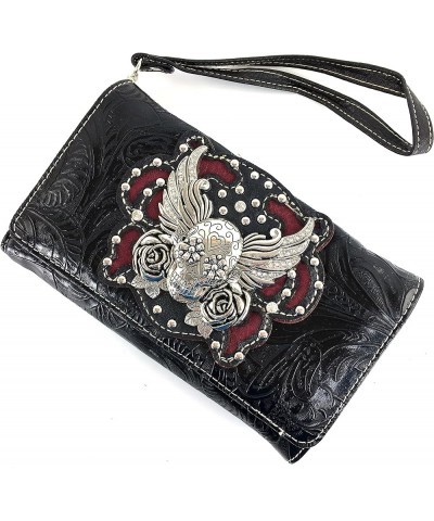 Tooled Winged Sugar Skull Roses Laser Cut Wristlet Trifold Wallet Attachable Long Strap (Black) Black $17.44 Wristlets