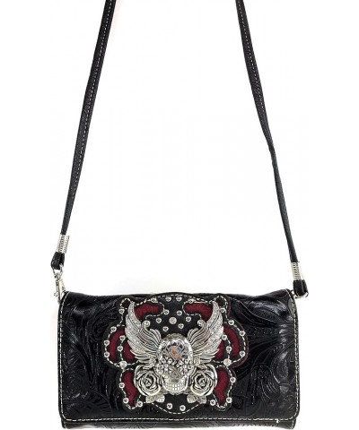 Tooled Winged Sugar Skull Roses Laser Cut Wristlet Trifold Wallet Attachable Long Strap (Black) Black $17.44 Wristlets