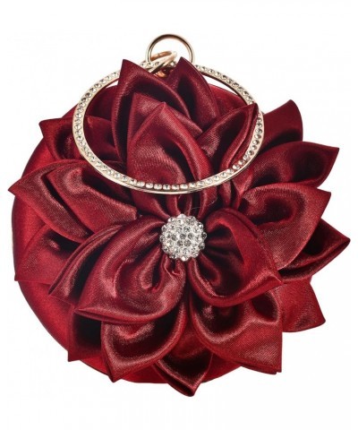 Women Girls Flower Rhinestone Evening Clutch Bag Soft Satin Wristlet Round Elegant Purse Wedding Party Banquet Handbag Red $9...