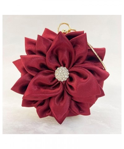 Women Girls Flower Rhinestone Evening Clutch Bag Soft Satin Wristlet Round Elegant Purse Wedding Party Banquet Handbag Red $9...