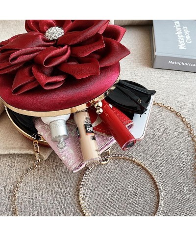 Women Girls Flower Rhinestone Evening Clutch Bag Soft Satin Wristlet Round Elegant Purse Wedding Party Banquet Handbag Red $9...