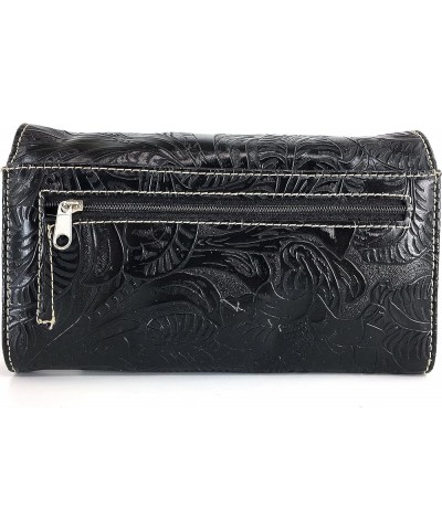 Tooled Winged Sugar Skull Roses Laser Cut Wristlet Trifold Wallet Attachable Long Strap (Black) Black $17.44 Wristlets