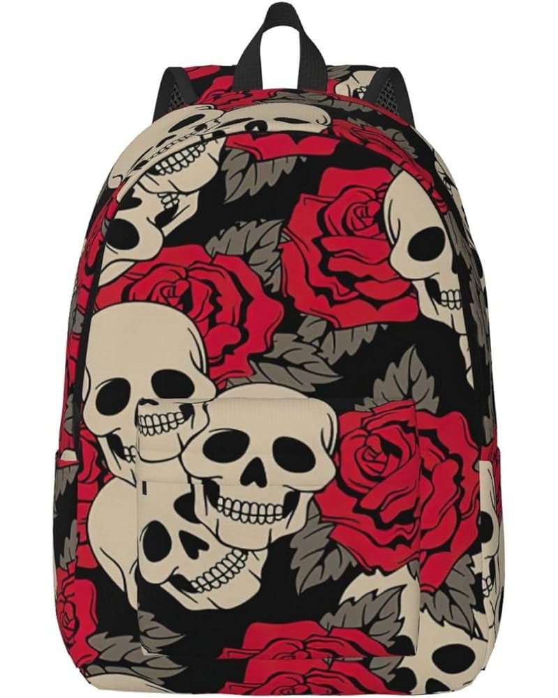 Black Skull With Roses Print Unisex Canvas Bag Canvas Shoulder Pouch Pack Lightweight Backpack For Woman Lady Black Small $21...