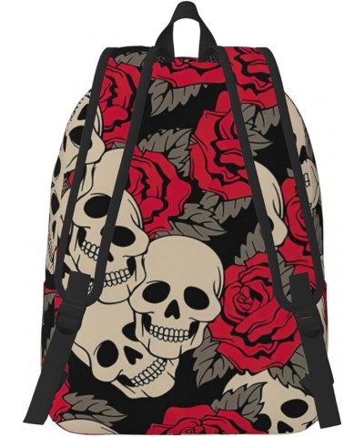 Black Skull With Roses Print Unisex Canvas Bag Canvas Shoulder Pouch Pack Lightweight Backpack For Woman Lady Black Small $21...