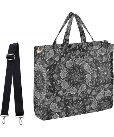 Black White Ethnic Round Floral Corduroy Satchel Tote Bag for Women Weekender Travel Beach Shopping Multi05 $12.65 Totes