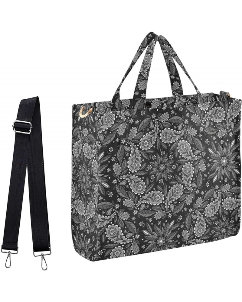 Black White Ethnic Round Floral Corduroy Satchel Tote Bag for Women Weekender Travel Beach Shopping Multi05 $12.65 Totes