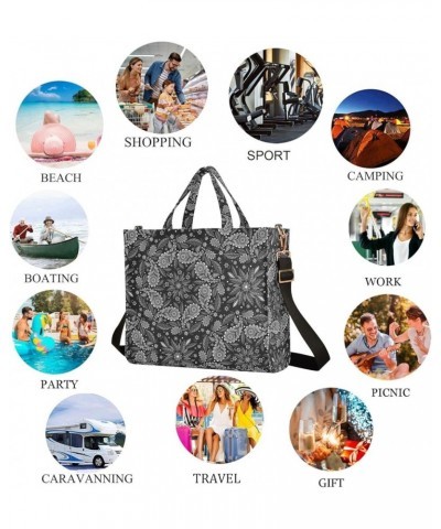 Black White Ethnic Round Floral Corduroy Satchel Tote Bag for Women Weekender Travel Beach Shopping Multi05 $12.65 Totes