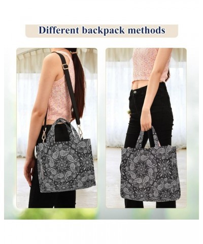 Black White Ethnic Round Floral Corduroy Satchel Tote Bag for Women Weekender Travel Beach Shopping Multi05 $12.65 Totes