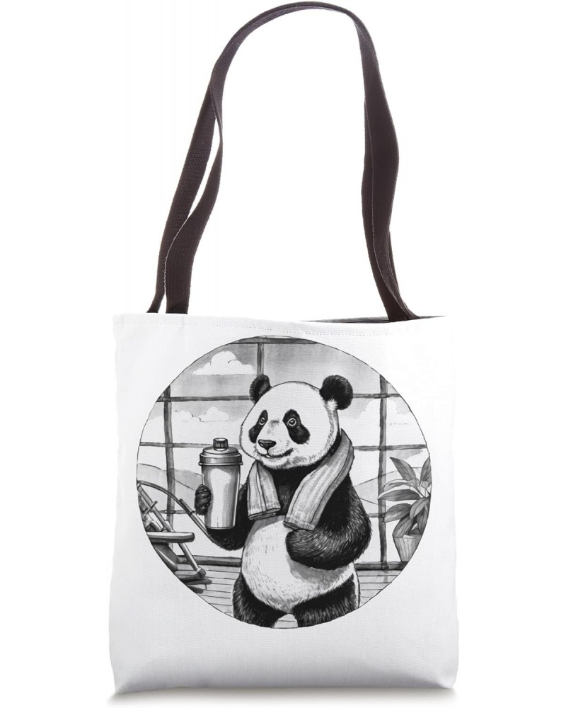 Protein Shake Panda Muscle Training Gym Ink Painting Japanese Style Funny Animal Tote Bag $14.39 Totes