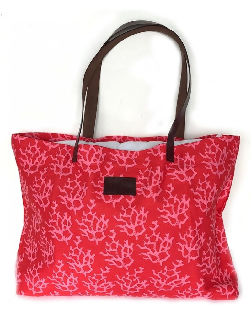 Wear 100% Cotton Canvas Foldable Beach Bag with Genuine Leather Handles Tote Carryall (Coral Red) Coral Red $16.20 Totes