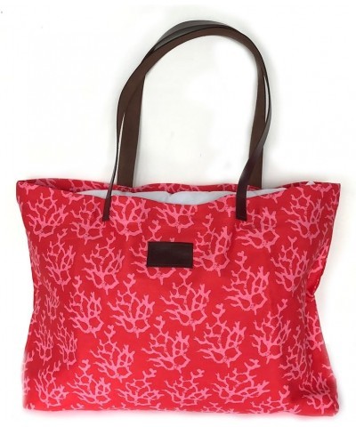 Wear 100% Cotton Canvas Foldable Beach Bag with Genuine Leather Handles Tote Carryall (Coral Red) Coral Red $16.20 Totes