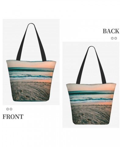 Beach Sunset Theme Tote Bag with Zipper for Women Inside Mesh Pocket Heavy Duty Casual Anti-water Cloth Shoulder Handbag Outd...